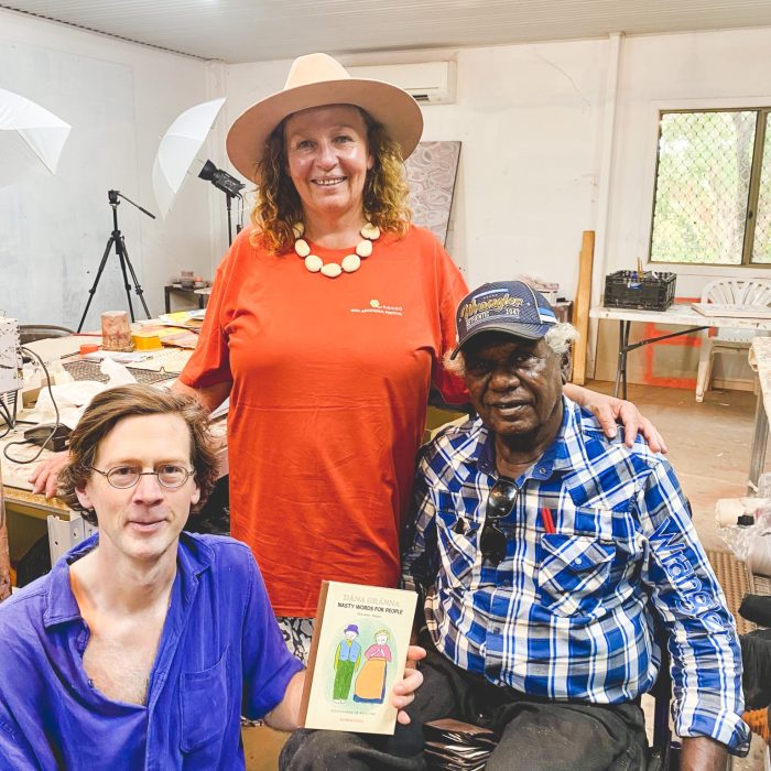 Manchán Magan (L) with Joanna Robertson (C) and Ben Ward (L) at Waringarri Art Centre in Kununurra.